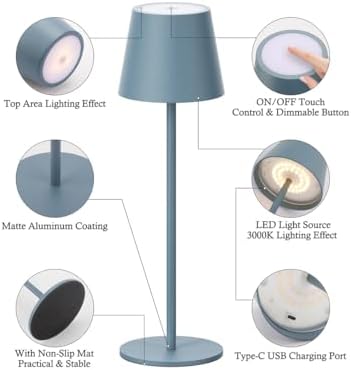 Klighten 2er Set LED Dimmbare Akku Tischlampe Blau – Kabellos, Warmlicht 3000K für Innen & Außen, USB-C, Aluminium, IP54