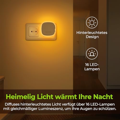 AUVON Nachtlicht Steckdose mit Bewegungssensor und Dämmerungssensor, 2er Set warmweiße LED für Flur, Treppe, Schlafzimme