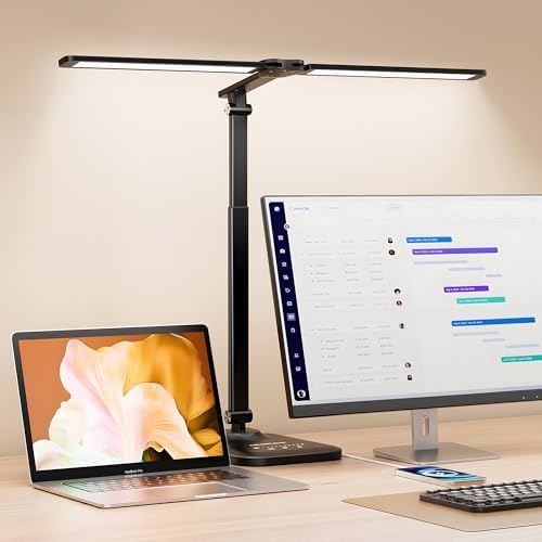 Doppelkopf LED Schreibtischlampe dimmbar mit 5 Farbtemperaturen & USB-Anschluss für modernes Home Office
