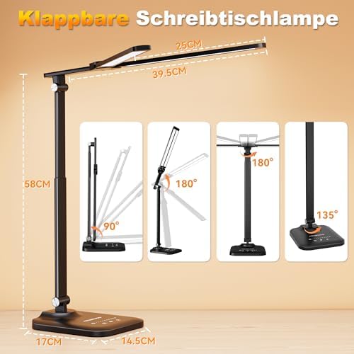Doppelkopf LED Schreibtischlampe dimmbar mit 5 Farbtemperaturen & USB-Anschluss für modernes Home Office