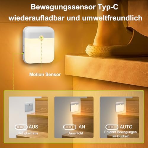 LED Nachtlicht mit Bewegungsmelder 2 Stück | Aufladbar, Warmweiß für Kinderzimmer & Flur