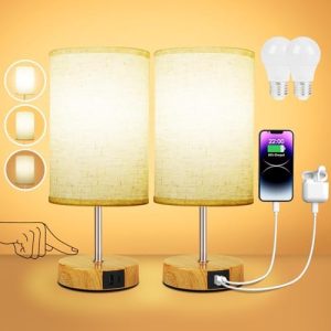 Suright Nachttischlampe 2er Set - Dimmbar mit USB Ladefunktion, Leinen-Schirm für Schlafzimmer & Wohnzimmer