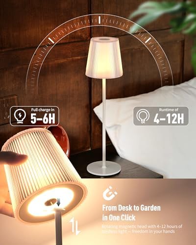 Kabellose LED Tischlampe von – Dimmbare Nachttischlampe mit Magnetköpfen, 3000K Weiß & RGB, IP54 Wasserdicht für Schlaf