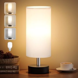 Kakanuo Nachttischlampe mit 3 Farbtemperaturen – Weiße Tischlampe für Schlafzimmer und Wohnzimmer, Inklusive LED Birne