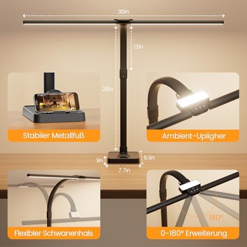 Doppelkopf LED Schreibtischlampe dimmbar 24W – 80CM Klemmbar für Augenschutz im Büro
