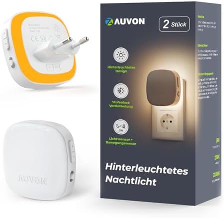 AUVON Nachtlicht Steckdose mit Bewegungssensor und Dämmerungssensor, 2er Set warmweiße LED für Flur, Treppe, Schlafzimme