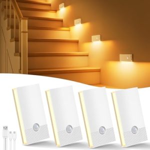 LED Nachtlicht von mit Bewegungsmelder – 4 Stück, USB-C aufladbar, warmweiß für Treppe, Flure, Schlafzimmer & Kinderzim