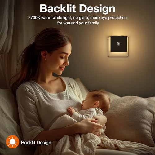 Nachtlicht Steckdose mit Bewegungsmelder – 2er Set, dimmbare LED für Kinderzimmer, Schlafzimmer und Flur – Schwarz