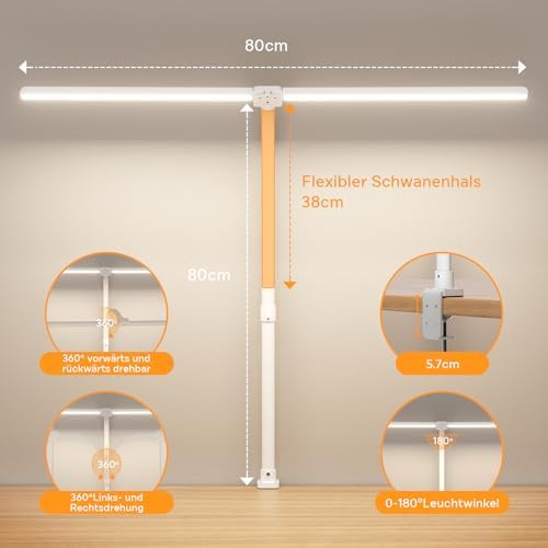 Doppelkopf LED Schreibtischlampe dimmbar 24W – 80CM Klemmbar für Augenschutz im Büro