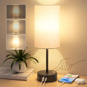 Touch Dimmbar Nachttischlampe mit USB Ladeanschlüssen – Leinen-Tischlampe für Schlafzimmer & Wohnzimmer