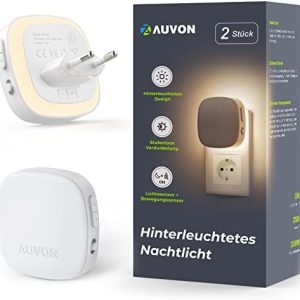 AUVON Nachtlicht Steckdose mit Bewegungssensor und Dämmerungssensor, 2er Set warmweiße LED für Flur, Treppe, Schlafzimme