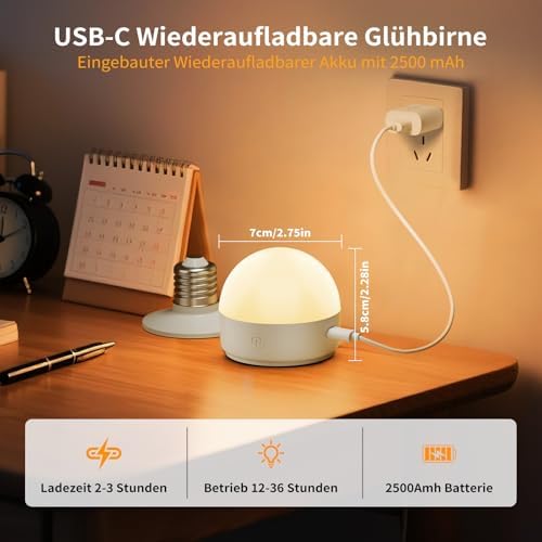 Suright LED Glühbirne E27 2 Stück wiederaufladbar, dimmbar in 3 Farben, mit Fernbedienung für flexible Dekoration