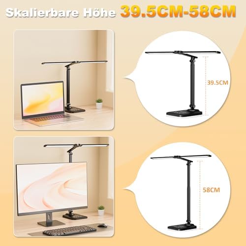 Doppelkopf LED Schreibtischlampe dimmbar mit 5 Farbtemperaturen & USB-Anschluss für modernes Home Office