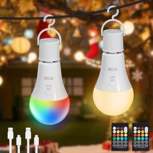 E27 Glühbirne mit Fernbedienung - 7W Aufladbare RGB Campinglampe für Weihnachten & Outdoor, 2er Set mit Timer Funktion