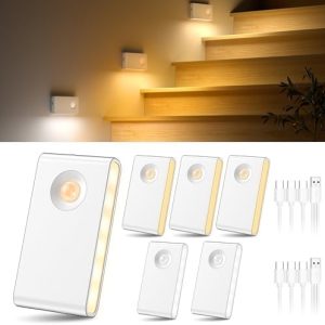 6 Stück LED Nachtlicht von mit Bewegungsmelder, dimmbar & aufladbar für Treppen, Flure, Schlafzimmer und Badezimmer