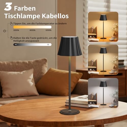 Suright Kabellose Tischlampe – 5000mAh Akku, 3 Farbmodi, dimmbar, ideal für Outdoor Camping & Terrasse