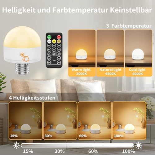 Suright LED Glühbirne E27 2 Stück wiederaufladbar, dimmbar in 3 Farben, mit Fernbedienung für flexible Dekoration