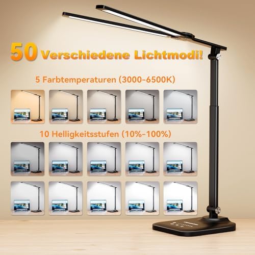 Doppelkopf LED Schreibtischlampe dimmbar mit 5 Farbtemperaturen & USB-Anschluss für modernes Home Office