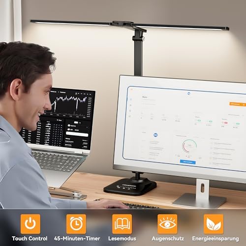 Doppelkopf LED Schreibtischlampe dimmbar mit 5 Farbtemperaturen & USB-Anschluss für modernes Home Office