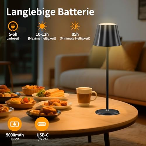 Suright Kabellose Tischlampe – 5000mAh Akku, 3 Farbmodi, dimmbar, ideal für Outdoor Camping & Terrasse