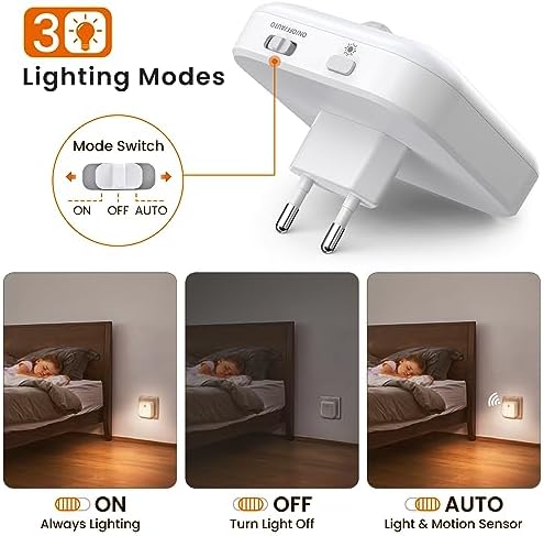 LED Nachtlicht Steckdose mit Bewegungsmelder, dimmbar für Kinderzimmer und Treppen, 3 Farbtemperaturen, 2 Stück
